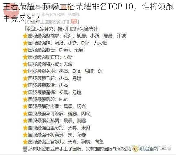 王者荣耀：顶级主播荣耀排名TOP 10，谁将领跑电竞风潮？