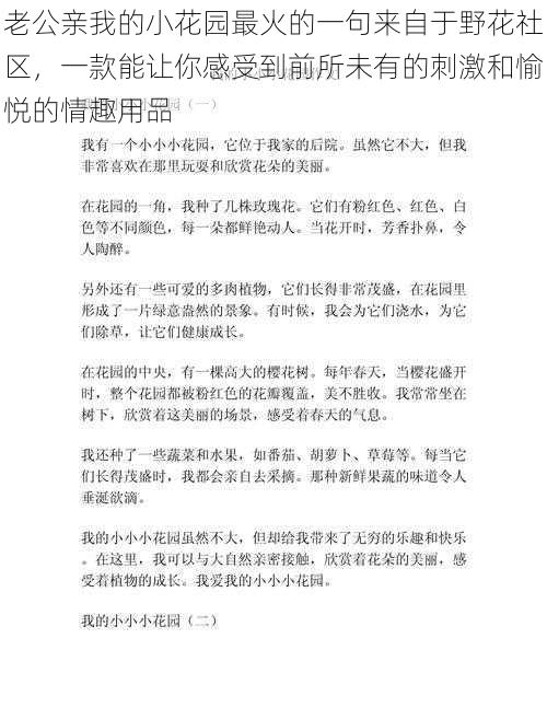 老公亲我的小花园最火的一句来自于野花社区，一款能让你感受到前所未有的刺激和愉悦的情趣用品