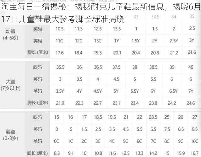 淘宝每日一猜揭秘：揭秘耐克儿童鞋最新信息，揭晓6月17日儿童鞋最大参考脚长标准揭晓